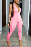 Pink Fashion Sexy Backless Solid Spandex Sleeveless V Neck Jumpsuits