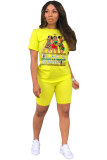 Fluorescent green Fashion Casual adult Letter Patchwork Print Two Piece Suits Straight Short Sleeve Two Pieces