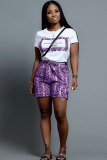 purple Polyester Fashion Casual Sexy Print Patchwork bow-knot Straight Short Sleeve 