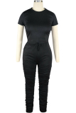 Black knit Sexy Solid Patchwork Two Piece Suits Straight Short Sleeve 