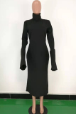 Black Polyester Sexy Bell sleeve Long Sleeves Turtleneck Step Skirt Mid-Calf asymmetrical Solid Patchwork 