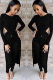 Black Polyester adult Sexy Fashion Solid asymmetrical Patchwork Two Piece Suits HOLLOWED OUT pencil Long S