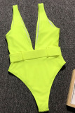 Fluorescent green Solid Asymmetrical Fashion Sexy One-Piece Swimwear