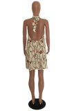 Beige Elastic Fly Mid Print Straight shorts Two-piece suit