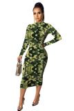 Green Polyester Lightly cooked Fashion adult Cap Sleeve Long Sleeves half high collar Step Skirt Mid-Calf 