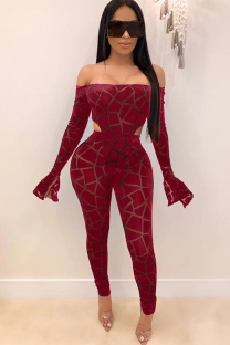 Red Network Sexy Print asymmetrical Two Piece Suits Patchwork Mesh pencil Long Sleeve 