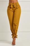 Green Polyester Elastic Fly High Solid Bow-knot Asymmetrical pencil Pants 