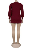 Wine Red Polyester adult Sexy Fashion lantern sleeve Long Sleeves O neck Pencil Dress Mini Solid Patchwork 