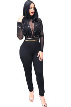 Black Polyester Elastic Fly Long Sleeve Mid Solid Skinny Pants  Jumpsuits & Rompers