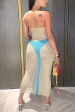 Khaki Casual Print Split Joint Backless Strapless Pencil Skirt Dresses