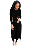 Black Polyester adult Sexy Fashion Solid asymmetrical Patchwork Two Piece Suits HOLLOWED OUT pencil Long S