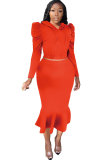 Red Sexy Solid Two Piece Suits Hip skirt Long Sleeve