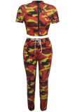 Orange Polyester Sexy Patchwork Two Piece Suits Print Straight Long Sleeve  Two-piece Pants Set