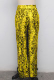 Yellow Polyester Drawstring Mid Patchwork Print Loose Pants  Pants