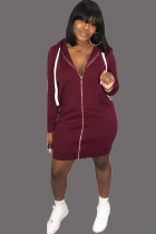 Wine Red Polyester Sexy Cap Sleeve Long Sleeves Hooded Step Skirt skirt Patchwork chain Solid  Club Dresses