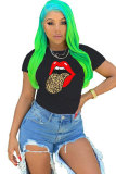Yellow White Black Yellow Polyester O Neck Short Sleeve Patchwork Print Lips Print Tops