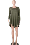 Army Green Cotton Sexy Cap Sleeve Long Sleeves V Neck Swagger Knee-Length Patchwork Solid 