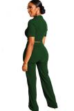 Dark green Polyester Casual Solid Straight Short Sleeve  Two-piece Pants Set