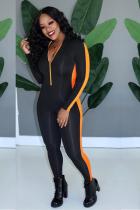 Orange Sexy Fashion Patchwork Solid zipper Polyester Long Sleeve O Neck 