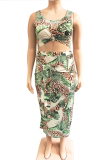 Green Polyester Sexy adult Fashion O Neck Print Bandage Two Piece Suits 