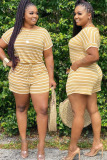 Olive green Fashion Active Striped Print Two Piece Suits Straight Short Sleeve Two Pieces