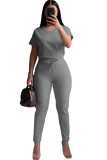 Grey venetian Casual Fashion Ma'am adult Patchwork Two Piece Suits Solid pencil Short Sleeve Two-piece P