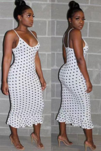 White Polyester Sexy Fashion Spaghetti Strap Sleeveless Slip Step Skirt Knee-Length Print ruffle Patchwork