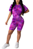 purple Fashion Active adult Patchwork Print Two Piece Suits pencil Short Sleeve Two Pieces