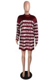 Wine Red Fashion adult Casual Cap Sleeve Long Sleeves O neck Straight Mini Character Striped Patchw
