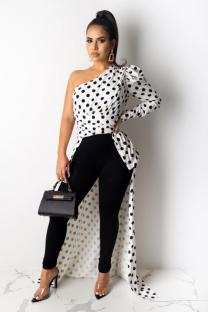 White Polyester One Shoulder Collar Long Sleeve asymmetrical Dot Print Slim fit Patchwork  Long Sleeve Top