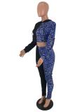 Blue adult Casual Fashion Print asymmetrical Patchwork Two Piece Suits Leopard Straight Long Sl