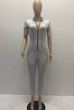 Grey Fashion street zipper Patchwork Solid Short Sleeve O Neck Jumpsuits