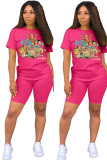 Pink Polyester Fashion Casual adult Patchwork Print Character Two Piece Suits Straight Short Sleeve Two Pieces