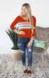 Yellow V Neck Long Sleeve Patchwork Tees & T-shirts