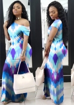Blue Sexy & Club Asymmetrical Short Sleeve Irregular skirt Long Print Dresses