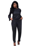 Black Elastic Fly Mid Solid pencil Pants Two-piece suit