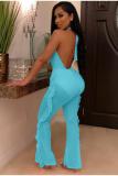Blue Sexy Fashion Hollow stringy selvedge Backless Solid Polyester Sleeveless Slip 