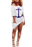 Blue Polyester Fashion Casual White Blue purple Cap Sleeve Short Sleeves O neck Asymmetrical Knee-Length Print Dresses
