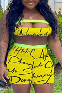 Yellow Fashion Sexy Print Two Piece Suits pencil Sleeveless Two Pieces