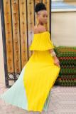 Yellow Polyester Sexy Fashion Off The Shoulder Short Sleeves One word collar Pleated Floor-Length split asy