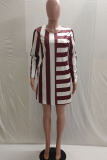 White Acetyl fiber Sweet Cap Sleeve Long Sleeves O neck Swagger Knee-Length Print Striped Patchwork 