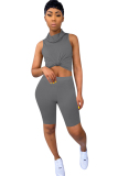 Grey knit Fashion Sexy adult Ma'am Patchwork Solid Two Piece Suits Straight Sleeveless Two Pieces