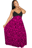 rose red Chemical fiber blend Sexy Spaghetti Strap Sleeveless V Neck Swagger Floor-Length Print Leopard Patch