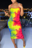multicolor Polyester Fashion Sexy Green multicolor Off The Shoulder Sleeveless Slip Pencil Dress Mid-Calf backless Tie and dye Dresses