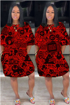 Red Fashion Casual adult Ma'am Red Yellow purple Cap Sleeve Short Sleeves O neck cake dress skirt Print Pocket Dresses