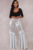 White Polyester Elastic Fly Mid Sequin Solid Loose Pants 