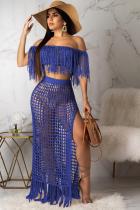 Blue Sexy Fashion Off The Shoulder Short Sleeves One word collar Straight Ankle-Length asymmetr