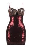 Red Polyester adult Fashion Sexy Spaghetti Strap Sleeveless Slip Step Skirt skirt Sequin Solid  Club Dre