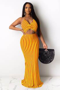 Yellow Polyester adult Sexy Fashion Off The Shoulder Sleeveless Slip Pencil Dress Floor-Length backless Pri