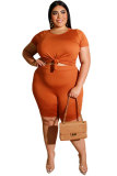 Orange Polyester Fashion Casual adult O Neck Patchwork Solid Two Piece Suits Stitching Plus Size 